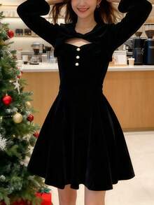 فستان سهرة من قطعتين مكون من فستان أسود مخملي ذو حمالات رفيعة مع شال قصير طويل الأكمام، مناسب لفصلي الخريف والشتاء، مناسب لارتداء في رأس السنة، الاستضافة، والعروض المسرحية - متعدد الألوان - مشاهدة 5