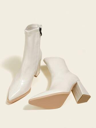 8,5 cm Botines de tacón grueso con punta puntiaguda y botines cortos, botas delgadas de moda cómodas, beige, 2025