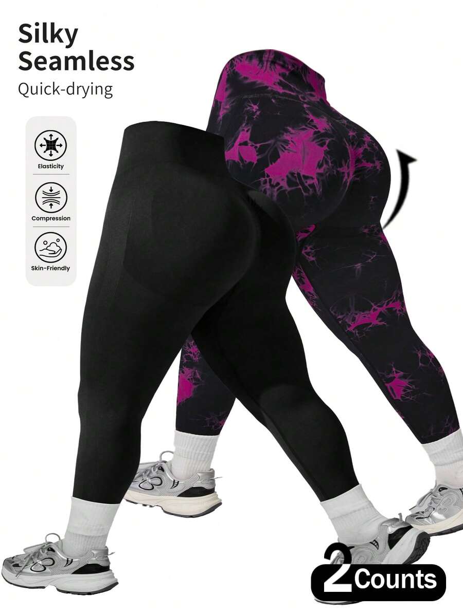 Two-Piece Set Of Plus-Size Women's Sportswear Leggings, A Must-Have For Sports And Fitness. With High Elasticity, It Can Lift The Buttocks And Tuck In The Abdomen, Making It Suitable For Outdoor Activities And Yoga - Họa tiết hoa đen và tím - Xem 1