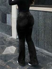 Plus Size Women Distressed Elastic Skinny Flare Jeans Casual Black Spring - Black - View 2