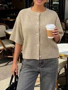 Women's Casual Vacation Fashion Versatile Solid Color Loose Round Neck Short Sleeve Button Cardigan Sweater, Suitable For Spring And Autumn - Camel - View 7