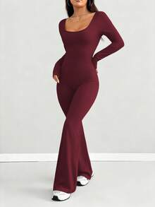 AITYI Studio Women's Jumpsuit, Well-Fitted U-Neck Solid Color Fashion Sexy Comfortable Slim Fit Casual Outdoor Street Commute Sports Versatile, Suitable For Graduation, New Year, Valentine's Day, Autumn/Winter Stretch Knit Long Sleeve Flared Leg Jumpsuit - Burgundy - View 5