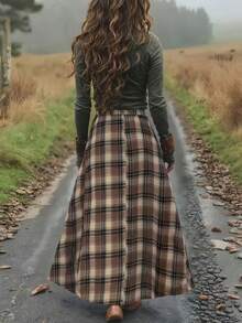 Women's Casual A-Line Long Plaid Skirt, Waist Belt Design, Polyester Non-Stretch Fabric, Zipper Detail Spring - Coffee Brown - View 3