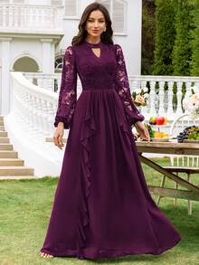 MIUSOL Spitze Schlüsselloch Ausschnitt Laternenärmel Rüschenkragen Formelles Abendkleid, Hochzeitsgast Kleid, Abendkleid, Ballkleid