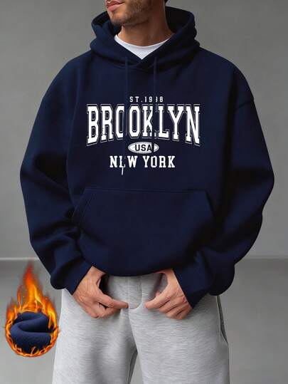 ONE WAVE 男士休闲宽松藏蓝色连帽卫衣，秋冬季款，带袋鼠口袋和抽绳设计，适合室内外穿着