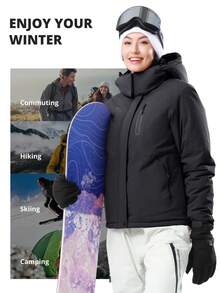 CAMEL CROWN 女士防水连帽滑雪服，防风防雨，适合滑雪和登山，冬季 - 黑色 - 查看 5