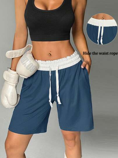 女士时尚街头风撞色腰带隐藏式抽绳设计休闲高弹百慕大短裤，适合春夏户外运动、跑步，宽松版型带口袋，健身短裤