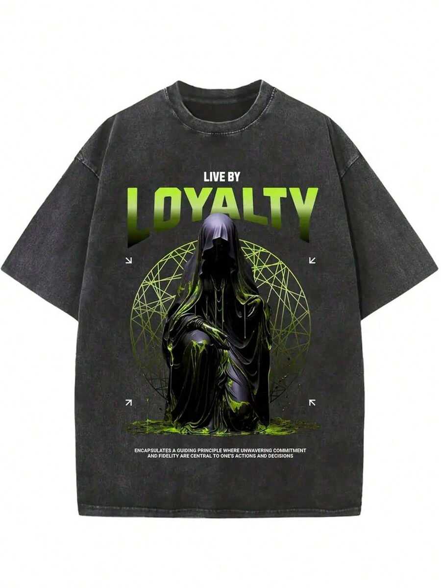 Loyalty Themed Mysterious Figure Graphic Men's Washed And Distressed Print Round Neck Short Sleeve Casual T-Shirt,230g Pure Cotton T Shirt For Men, Unisex - 黑色 - 查看 1