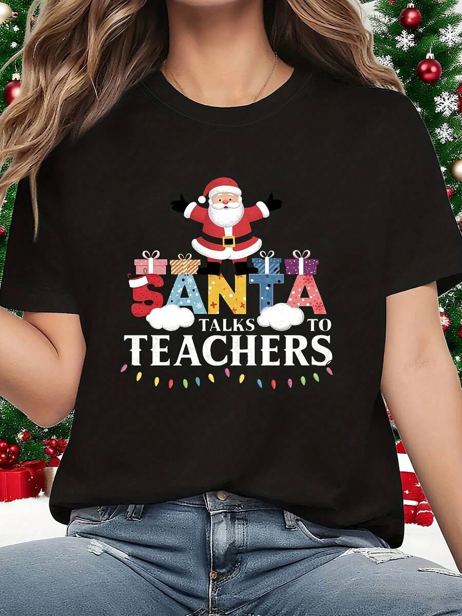 Camiseta de Mujer Navideña "Santa Habla con Maestros" - Manga Corta, Cuello Redondo, Top Casual con Estampado Festivo de Santa, Regalo para Educadores, Blusa Transpirable para Primavera/Verano (Lavable a Máquina) - Oscuro - Ver 1