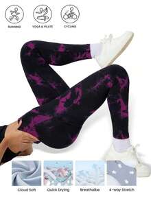 Two-Piece Set Of Plus-Size Women's Sportswear Leggings, A Must-Have For Sports And Fitness. With High Elasticity, It Can Lift The Buttocks And Tuck In The Abdomen, Making It Suitable For Outdoor Activities And Yoga - Họa tiết hoa đen và tím - Xem 2