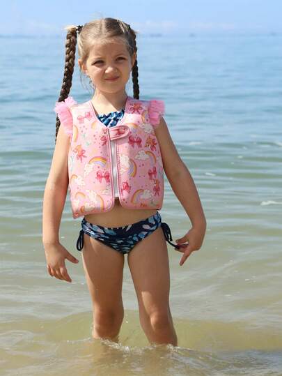 Polyester Lightweight Breathable Quick-Dry Swim Vest, Outdoor Sports Swimming Training Vest, Pink Rainbow Design