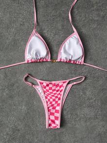Women's Fashion Plaid Print Elegant Bikini Set With Spaghetti Straps, Suitable For Beach Vacation - Pink - View 3