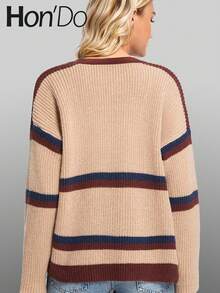 Cárdigan de punto para mujer con cuello en V profundo y ribete de contraste Hon'Do 2026, detalles de punto acanalado, parte superior de suéter para mujer, adecuado para tallas grandes, ropa de mujer para el Día de San Valentín/vacaciones, ropa de invierno para mujer