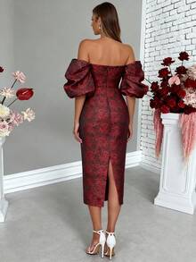 Christmas Elegant Red Rose Jacquard Strapless Dress, Suitable For Valentine's Day, Christmas Party