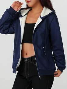 女士保暖连帽外套，简约纯色，常规长度，休闲风格，适合秋冬季日常穿着。 - 藍色 - 查看 3