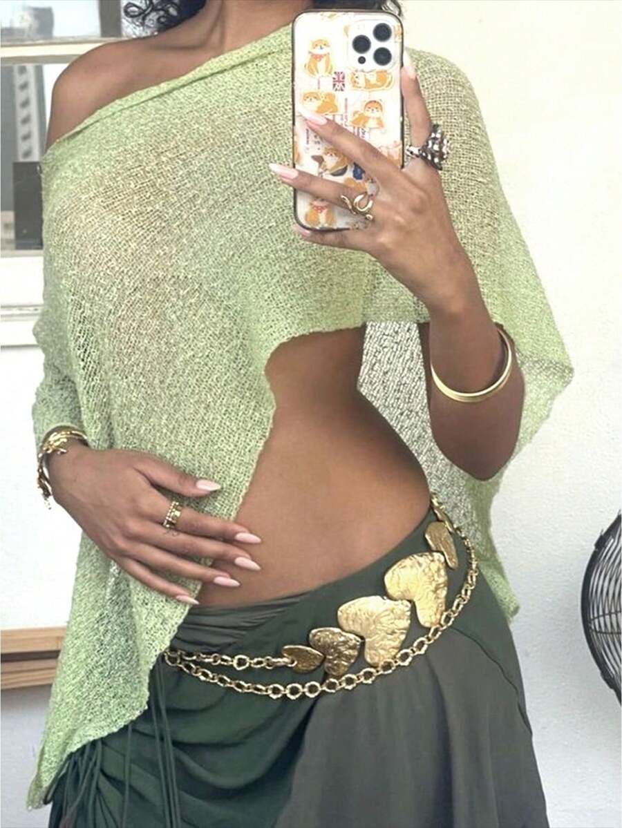 Women Sheer Poncho Top Lightweight Knit Crochet Shrug Bolero Mesh Batwing Sleeve Sweater Cover Up Beachwear - 綠色 - 查看 1