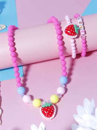3pcs/Set Cute Strawberry, Dice, Love Pendant Beaded Bracelet, Bangle, Necklace Jewelry Set, Suitable For Girls Everyday, Festival, Birthday, Party Wear
