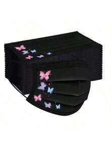 10 piezas Máscara facial de tela no tejida elegante y transpirable con estampado de mariposa negra, máscara protectora de moda para uso diario de mujeres - Multicolor - Ver 3