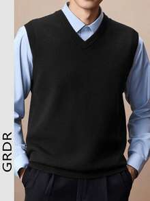 GRDR Men's Solid Color V-Neck Casual Versatile Knitted Vest - Black - View 7
