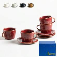 DKiln-Changed Glaze Cappuccino Cups With Saucers 7.4oz - Handmade Ceramic Espro Coffee Cups Set Of 4 Microwave  For Art Lovers And Home/Cafe Use Red - 紅色 - 查看 1