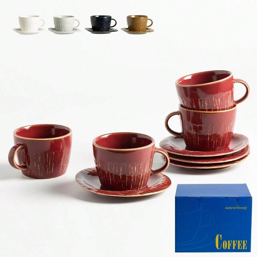 DKiln-Changed Glaze Cappuccino Cups With Saucers 7.4oz - Handmade Ceramic Espro Coffee Cups Set Of 4 Microwave  For Art Lovers And Home/Cafe Use Red - 紅色 - 查看 1