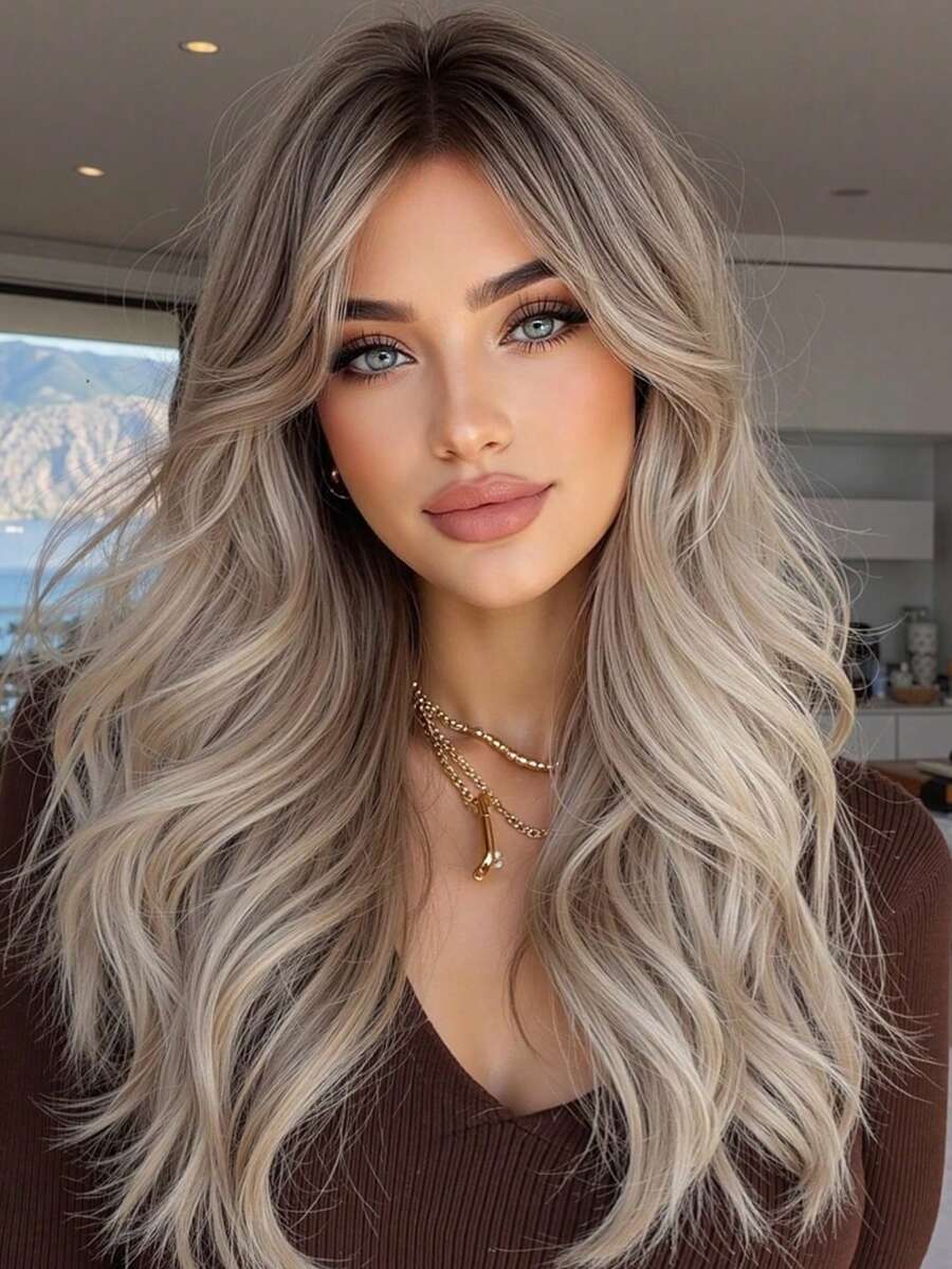 22-Inch Long Wavy Wig With Bangs, Dark Roots, Brown Wig, Brown-To-Gold Gradient Wig, Heat-Resistant Synthetic Wig, Suitable For Everyday Wear, Parties, And Cosplay. - Brown Ombre - View 1