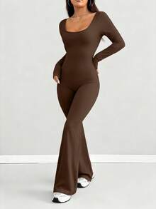 AITYI Studio 女士连体裤，修身剪裁，休闲U领纯色设计，时尚性感舒适修身，适合户外、街头、通勤、运动、百搭、毕业典礼、新年、情人节、秋冬季等场合穿着，弹力针织长袖喇叭裤腿连体裤 - 棕色 - 查看 5