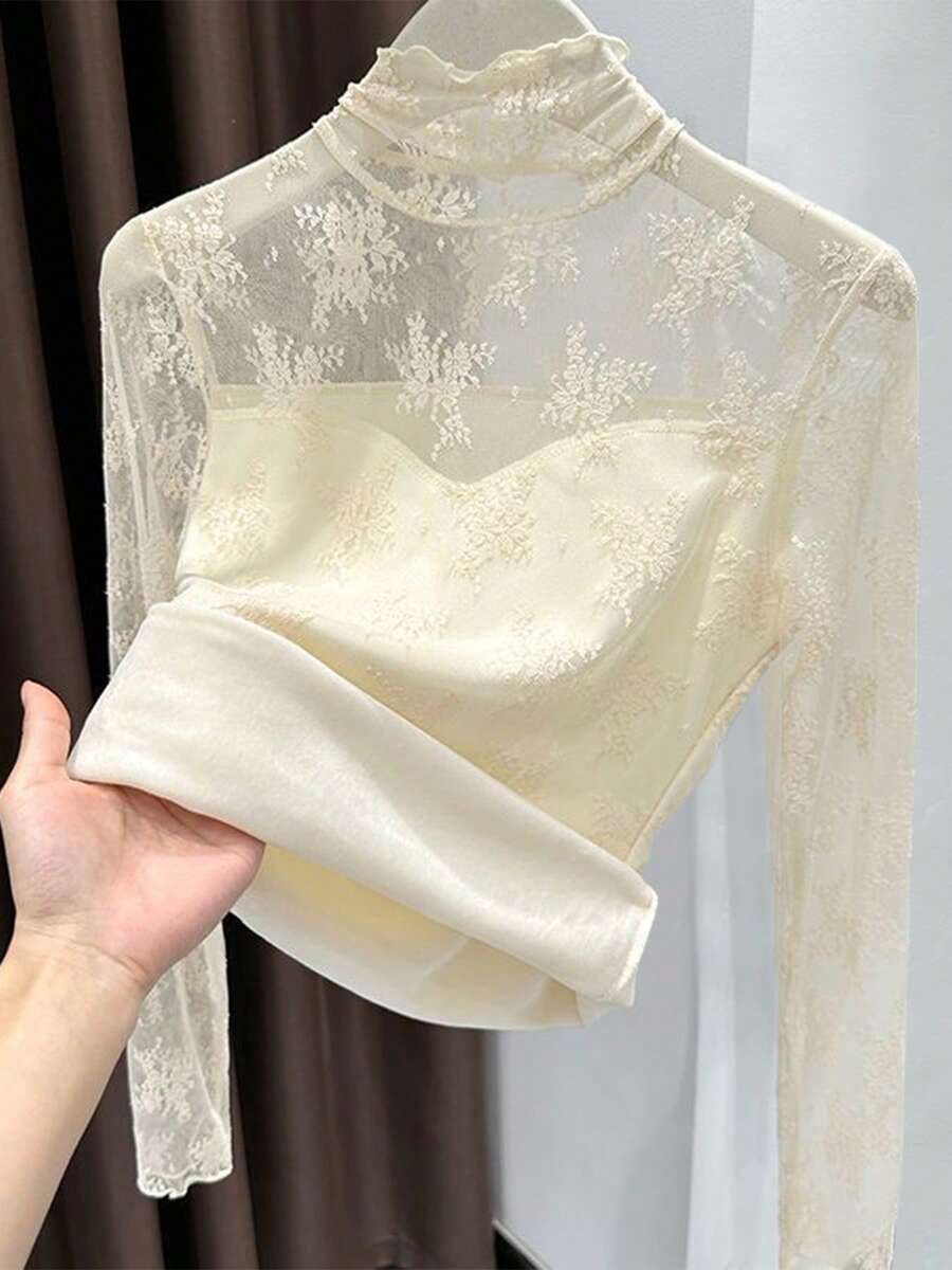 女士优雅高领蕾丝边叠穿衬衫，秋冬款