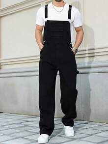 212 New Vintage-Style Men's Plus Size Denim Overalls Relaxed Wide-Leg Silhouette For Effortless Comfort Classic Pure Black Wash For Timeless Versatility Multi-Pocket Utility Design With Structured Tailoring Metal Button Accents Stretch Fabric For Machine Washability All-Season Wear Essential Men's Plus Size Overalls For Everyday Casual Styling - 黑色 - 查看 12