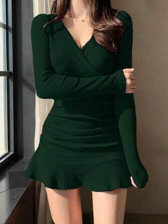 Women's Casual Sexy Solid V-Neck Long Sleeve Ruffle Hem Bodycon Mermaid Dress Sexy Cute Style Halloween Costumes