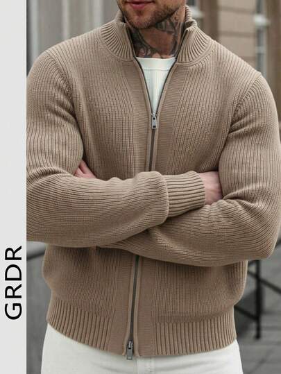 GRDR Herren Rundhals Langarm Stehkragen Doppelreiher Strickjacke, vielseitig für den täglichen Gebrauch