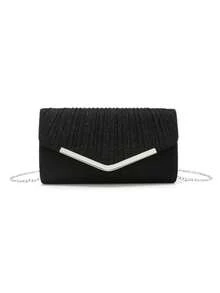 Rhinestone Embellished Women's Evening Clutch Bag, Small Envelope Style Handbag, Satin Shoulder Chain Handbag, Shiny Purple Cocktail Purse - Black - View 8