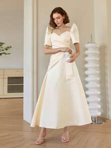 Amyenjoylife 现代菲律宾传统连衣裙，优雅独特，蝴蝶袖设计，尽显女性魅力，立领，不对称缝线，时尚高贵，适合派对穿着，香槟色连衣裙 - 香檳色 - 查看 4