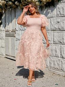 Simplee Plus Size Women's Spring/Summer New Cutout Mesh Puff Sleeve Dress, Elegant For Party, Wedding, Date Wear - Pink - View 1
