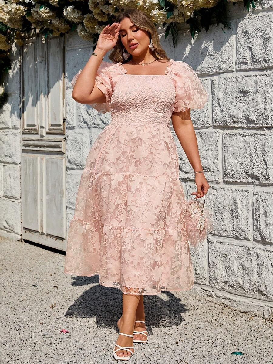 Simplee Plus Size Women's Spring/Summer New Cutout Mesh Puff Sleeve Dress, Elegant For Party, Wedding, Date Wear - Pink - View 1