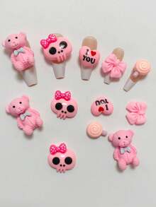 60pcs Kawaii Sweet Gift Box Set Lollipop Skeleton Rabbit Head Bunny Bow Tie Bear Pink I Love You Envelope Cherry Ornament Resin Long Nail Art Decoration Charms 3D Cartoon Handcraft Junk Phone Case Accessories Cute Diy Crafts - Pink - View 5