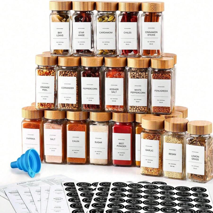 24pcs Spice Jars With Label Pack (24x Bamboo Lid Glass Jar). Small 5oz Spice Storage Bottles. - 24pcs - 查看 1