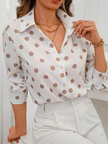 1pc Polka Dot Allover Print Contrast Color Polyester Front Button Shirt, Casual Wear For Spring & Autumn - Multicolor - View 5