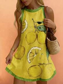 Bohemian Style Summer Beach Casual Vacation Comfortable Women's Contrast Color Lemon Leaf Print Sleeveless Dress, Suitable For Brunch - Yellow - View 2