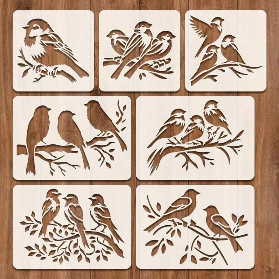 7pcs Bird Craft Painting Template, Bird, And Tree Background Pattern Template, Suitable For Painting On Cards, Walls, Fabrics, Shirts, And Furniture, Washable, Ideal Gift For Family Members