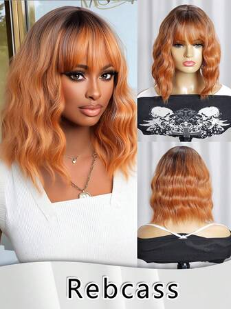 14 Inch Synthetic Fiber Wig, Suitable For Women And Girls To Replace Wigs, Suitable For Daily Party Role-Playing Use, Natural Wig Water Wave With Bob With Bangs ,Costume Party Dress Up, Gifts For Women Christmas Decorations Christmas Gifts Orange Ombre Color