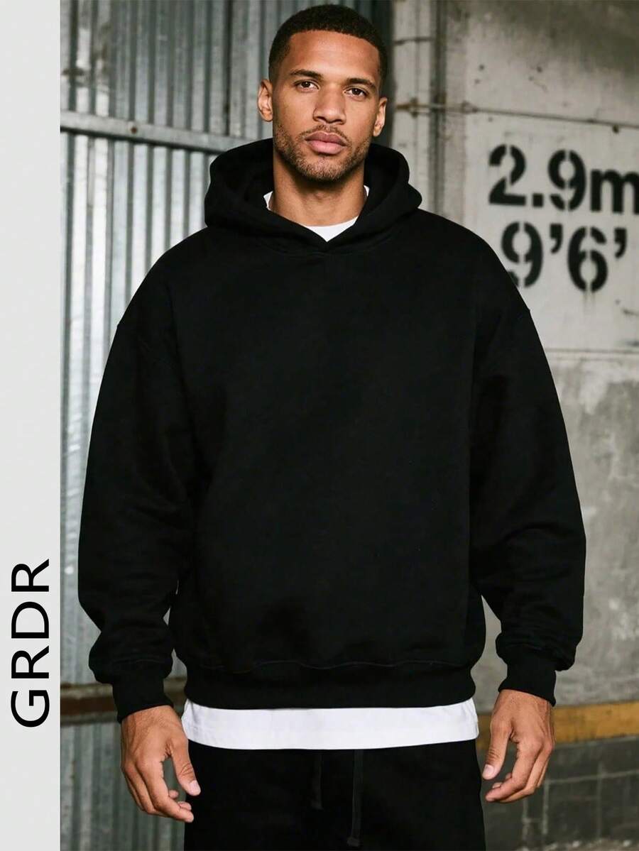 GRDR Men's Casual Street Hooded Sweatshirt, Solid Color With Thermal Lining, Loose Fit, Autumn/Winter