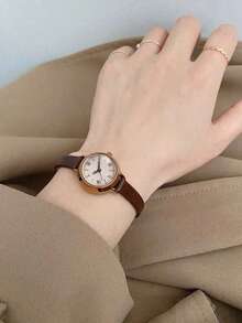 时尚石英表，优雅女士腕表，简约独特复古设计，真皮表带，小巧圆形表盘，高端石英女士腕表 - 彩色 - 查看 4