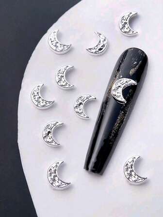 10pcs Charming Silver Embossed Moon Y2k Style Nail Art Decoration Glamorous Accessories, 3D Alloy Curved Moon Embossed Nail Art Decorations, DIY Handmade Press-On Fake Nails For Cell Phone Cases With Special Rhinestones And Alloy Decorations, Gifts For Girls, Nail Supplies, Nail Art Glamour, Holiday Gifts.