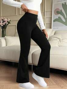 Plus Size Women's High Waist Solid Color Bell Bottom Sports Yoga Pants Compression Tights Running Workout Bottoms - Black - View 2