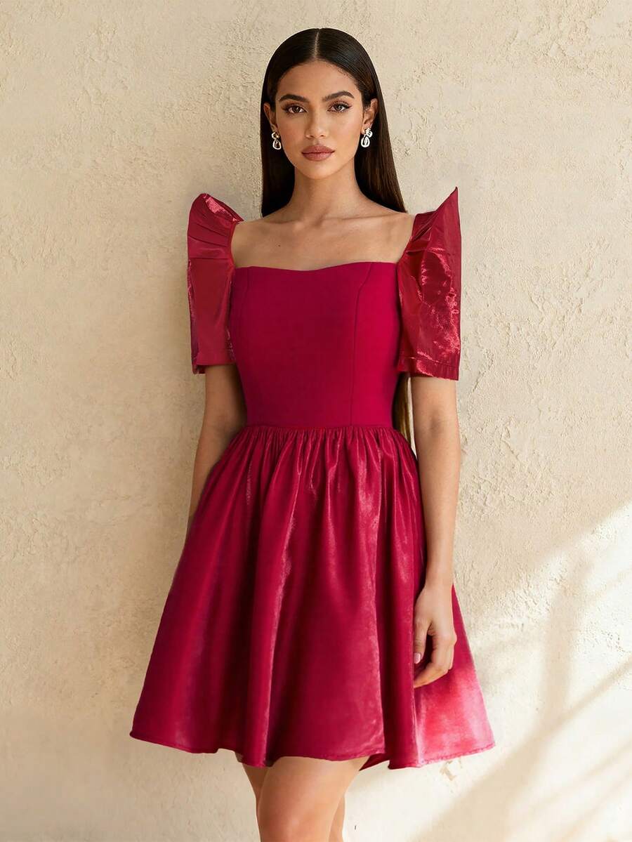 女士立袖气质方领拼接短袖现代连衣裙，适合派对穿着 - 紅色 - 查看 1
