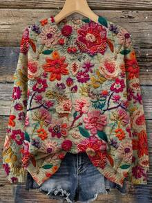 2026春季新款优雅印花圆领长袖针织毛衣 - 彩色 - 查看 1