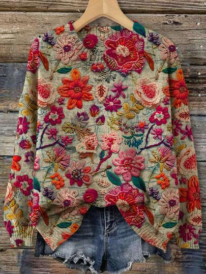 2026 جديد ربيعي أنيق بطبعة زهرية رقبة طاقم كنزة محبوكة بأكمام طويلة