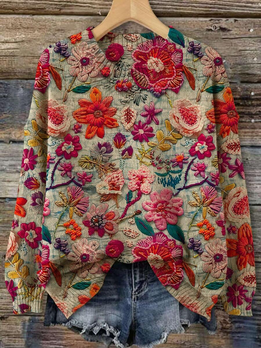 2026春季新款优雅印花圆领长袖针织毛衣 - 彩色 - 查看 1