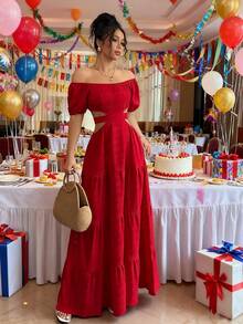 Women's Dresses, Printed Maxi Dress With Off-The-Shoulder And Waist Detail, Retro Resort-Style Dress With A Fitted Waist, Boho-Style Maxi Dress That Slims The Silhouette. - Xem 4